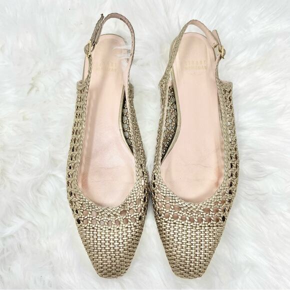 Stuart Weitzman Gold Woven Slingback Ballet Flats Almond Toe Women's Sz 10 $395 - Picture 1 of 9